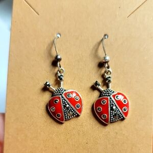 Ladybug Red and Silver Earrings Italy SU .925 Marcasite stones